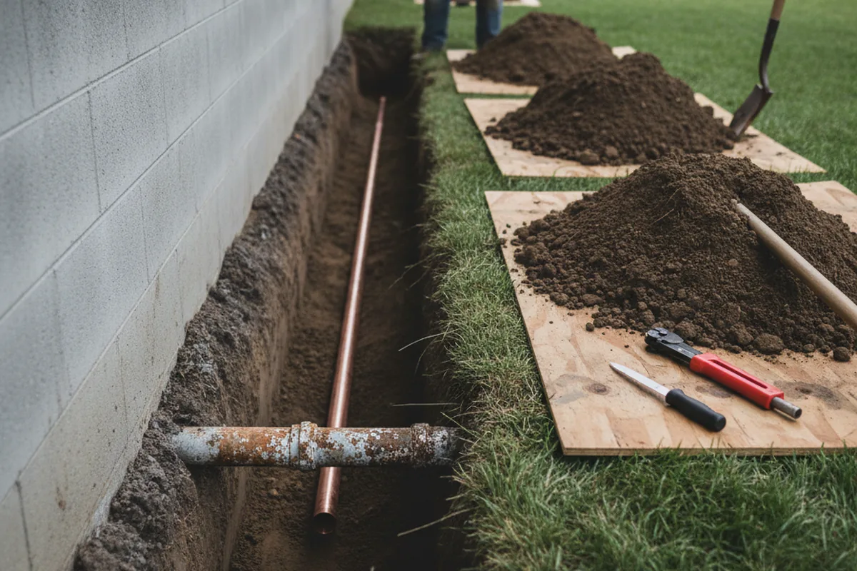 Excavated water line trench during Sewer Line Repair in Mount Ephraim